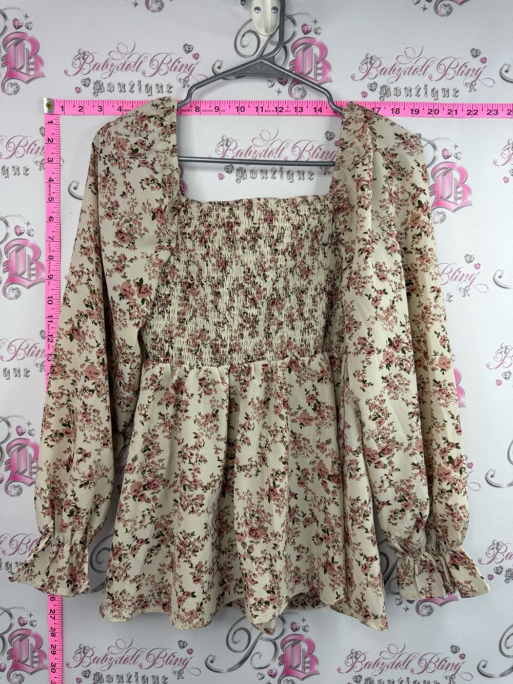 SHEIN blouse shirt flowers Cream Floral Smocked Peplum Blouse with Pink Roses